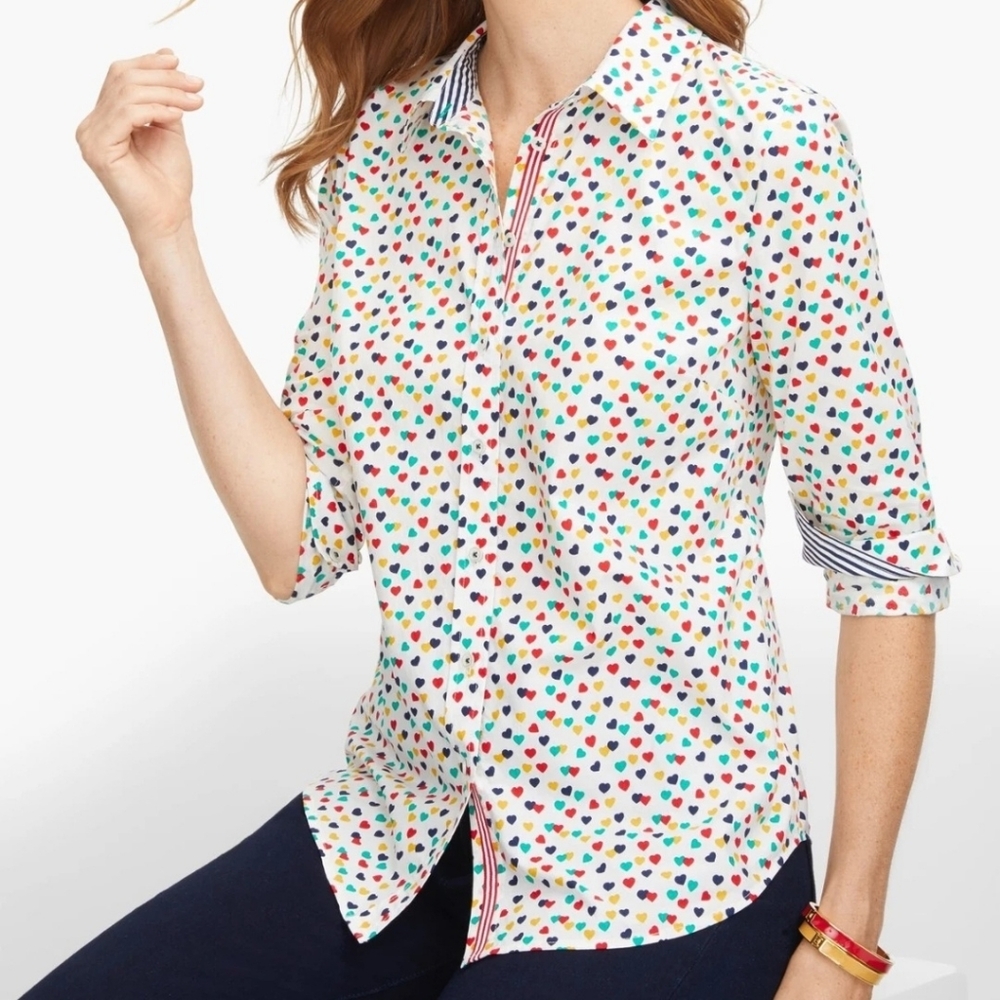 Talbots Classic Cotton Shirt‎ Ditzy Hearts Print Size Petite Large